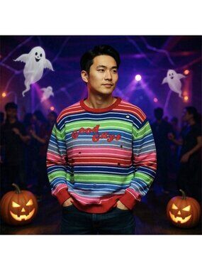 Chucky Good Guys Striped Sweater Distressed Colorful Halloween Spirit Licensed M